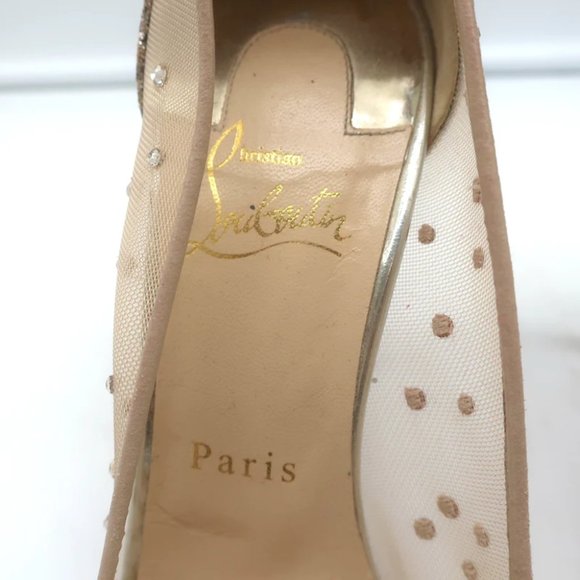 Christian Louboutin Follies Strass 100 Pumps Nude Mesh & Gold Glitter Size 37 - Picture 10 of 12